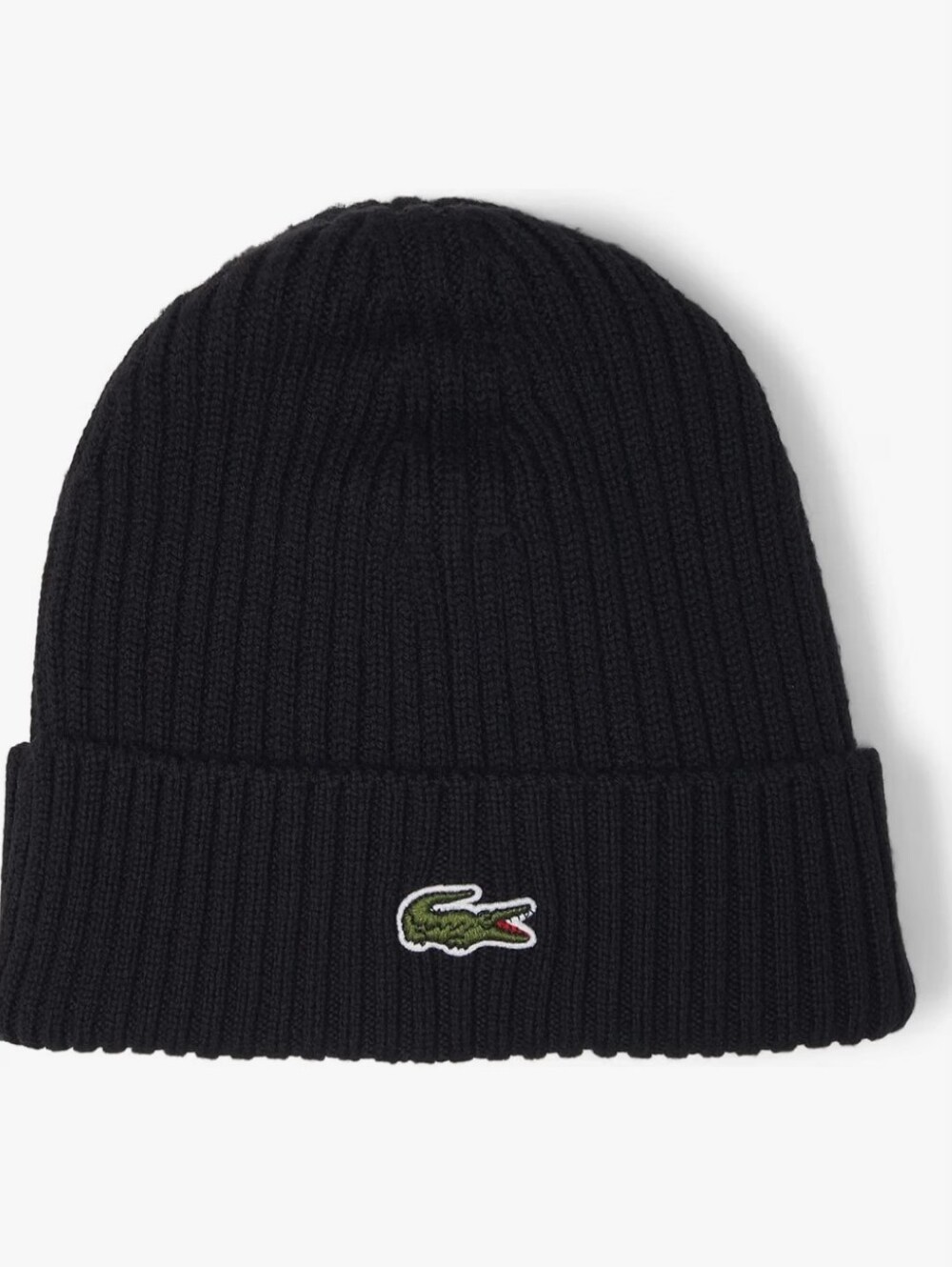 Lacoste Black Ribbed Cuffed Beanie with Crocodile Patch